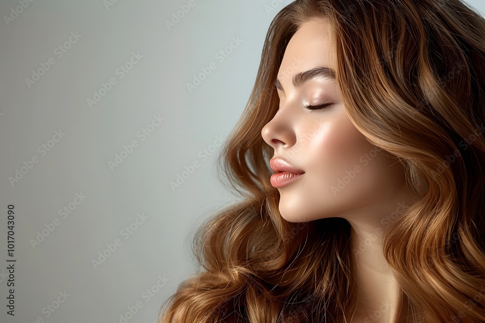 Elegant Profile of a Young Woman with Flowing Hair and Soft Makeup Elegant Profile of a Young Woman with Flowing Hair and Soft Makeup