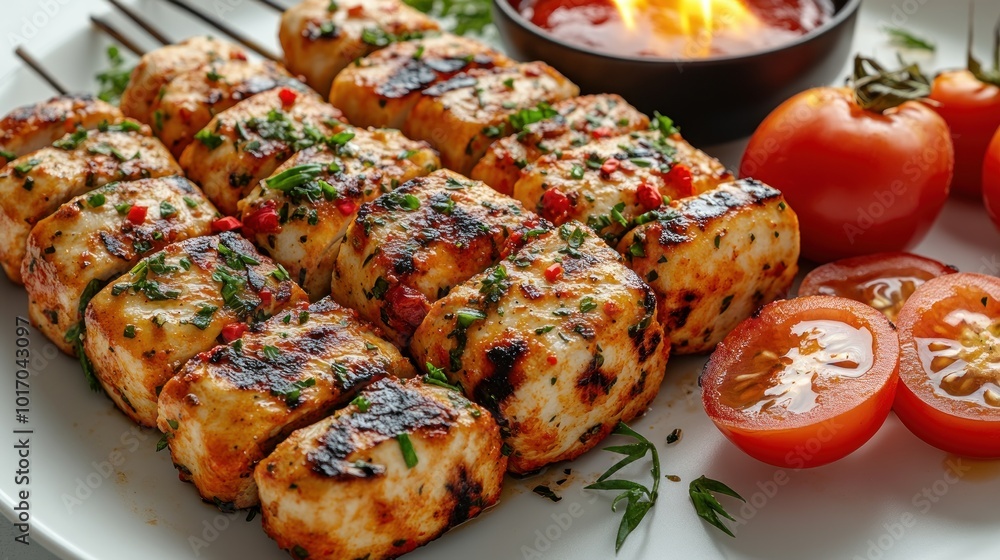 Sizzling skewers of paneer bursting with flavors, accompanied by fresh tomatoes Sizzling skewers of paneer bursting with flavors, accompanied by fresh tomatoes