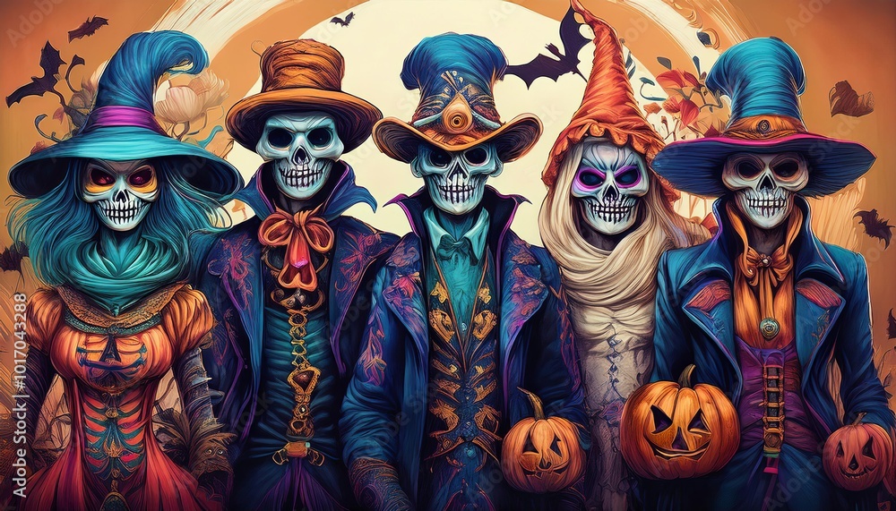 Four people dressed in Halloween costumes with pumpkin lanterns. One of the people is wearing a blue hat Four people dressed in Halloween costumes with pumpkin lanterns. One of the people is wearing a blue hat
