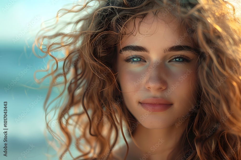 Captivating Portrait of a Young Woman with Beautiful Curly Hair by the Beach Captivating Portrait of a Young Woman with Beautiful Curly Hair by the Beach