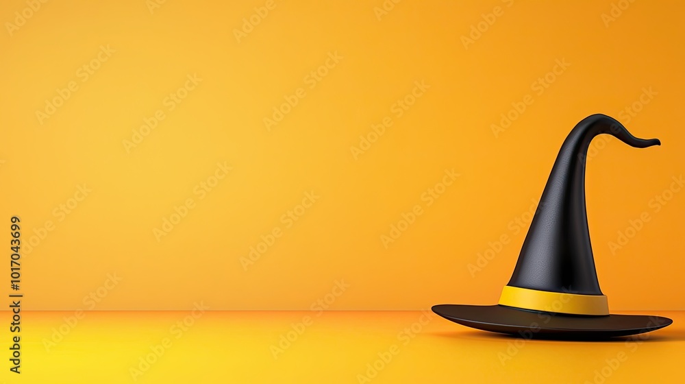 Fototapeta premium Simple Halloween background with a black witchs hat on a bright orange backdrop, perfect for minimalist-themed holiday visuals