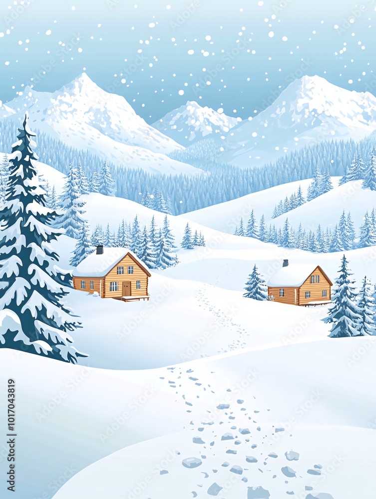 Snowy mountain landscape with two cabins and a winding path through the snow. Snowy mountain landscape with two cabins and a winding path through the snow.
