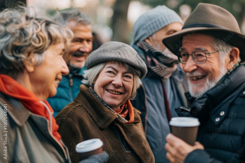 Group of senior friends having fun on the street, drinking coffee. Group of senior friends having fun on the street, drinking coffee.