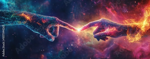 A cosmic connection between two hands, symbolizing creation and unity amidst a vibrant galaxy, merging elements of art and science.