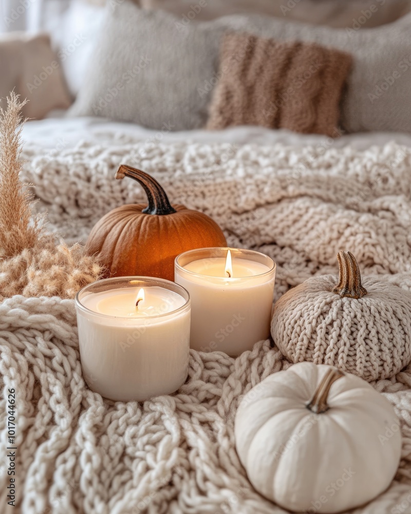 Cozy Autumn Still Life with Candles and Pumpkins Cozy Autumn Still Life with Candles and Pumpkins