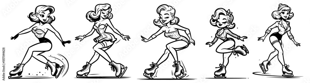 playful pin-up girl on ice skates in classic cartoon style black vector