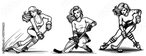 vintage pin-up girl in ice hockey action classic winter sports scene black vector collection