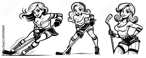 pin-up girl on ice skates with hockey stick in cartoon style black vector