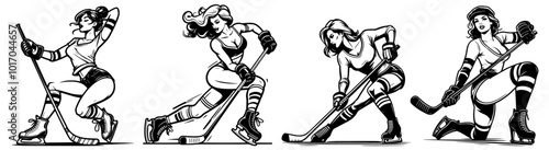 retro pin-up girl playing ice hockey in vintage sports style black vector