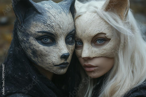 two people in high-detailed animal masks in the autumn landscape photo