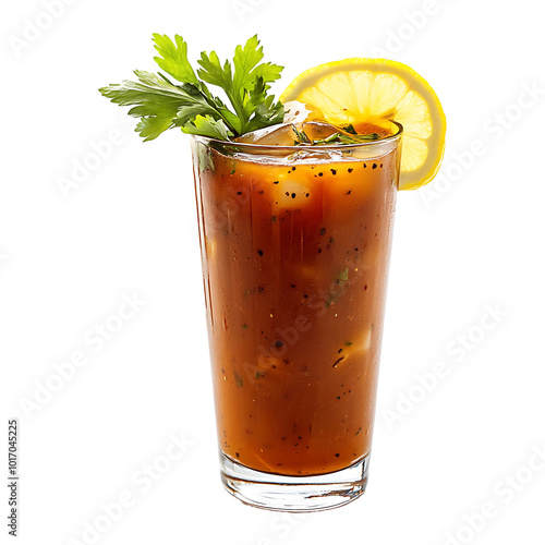 Bloody Mary cocktail with a lemon slice isolated on transparent background.