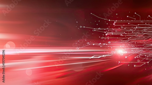 Vibrant red tech background with motion blur effects and digital nodes, representing the speed of modern technology and data transfer