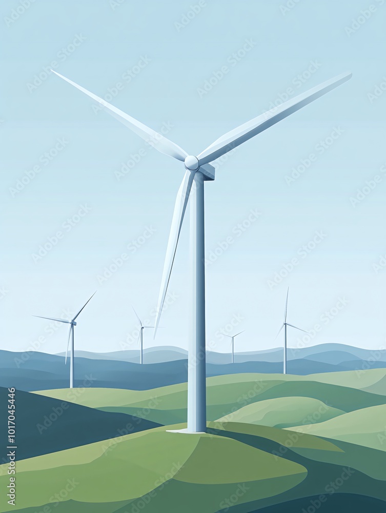Fototapeta premium Wind turbines stand tall against a blue sky, generating clean energy.