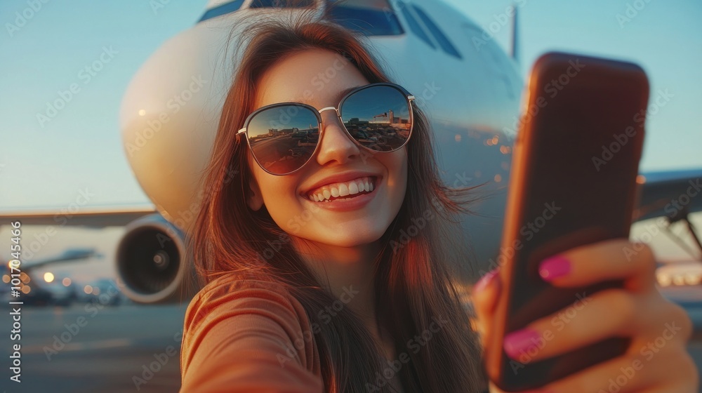 A young woman smiles while taking a selfie in front of an airplane at an airport. A young woman smiles while taking a selfie in front of an airplane at an airport.