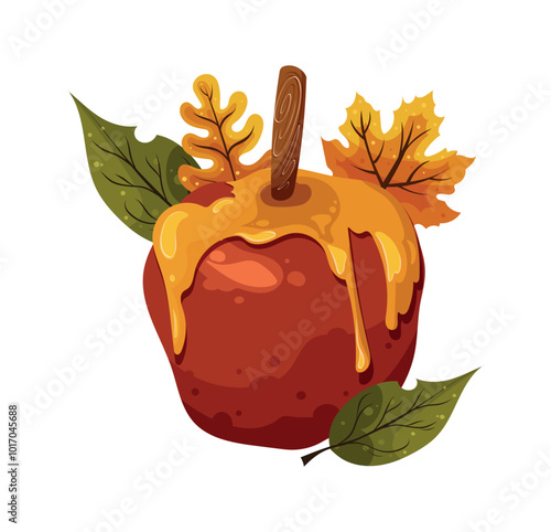 Honey autumn red apple, baked apple in honey, apple with leaves. Vector illustration.