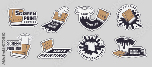 Screen printing. Tshirt printing service stylized identity silkscreen squeegees paint recent vector badges template set witih place for text