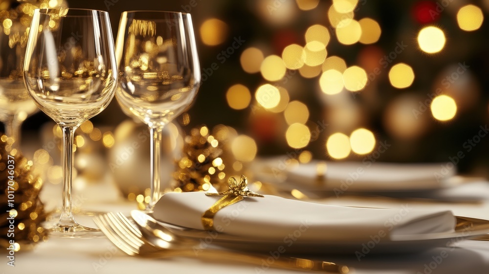 Elegant dinner setting with wine glasses and golden decorations, perfect for holiday festivities and celebrations. Elegant dinner setting with wine glasses and golden decorations, perfect for holiday festivities and celebrations.