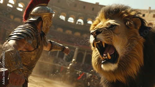Epic battle scene between a gladiator and a roaring lion in a historic arena, showcasing courage and power.
