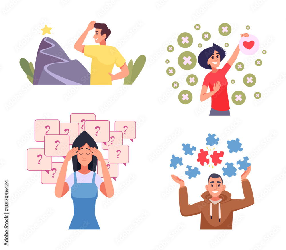 Imaginate people. Mindest models and structural visualization of people thinking exact vector cartoon persons Imaginate people. Mindest models and structural visualization of people thinking exact vector cartoon persons