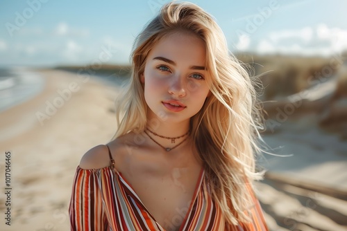 Serene Beach Portrait of a Young Woman with Sunlit Hair and Striped Top