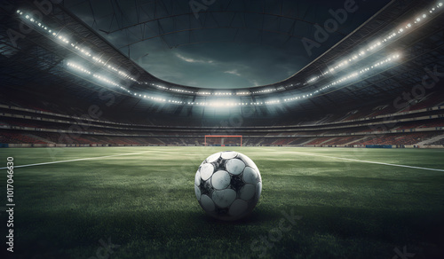 Leeres Fußballstadion mit Ball im Fokus - AI generiert