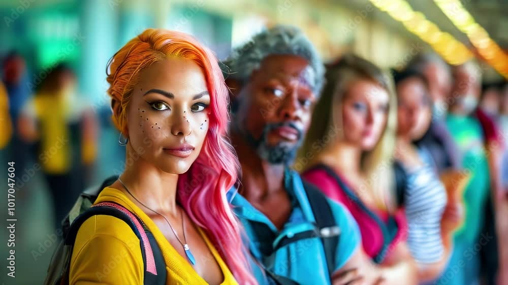 Group of diverse people. Woman with brightly colored hair at head of line looks at camera. Society of job seekers looking for job. Group of diverse people. Woman with brightly colored hair at head of line looks at camera. Society of job seekers looking for job.