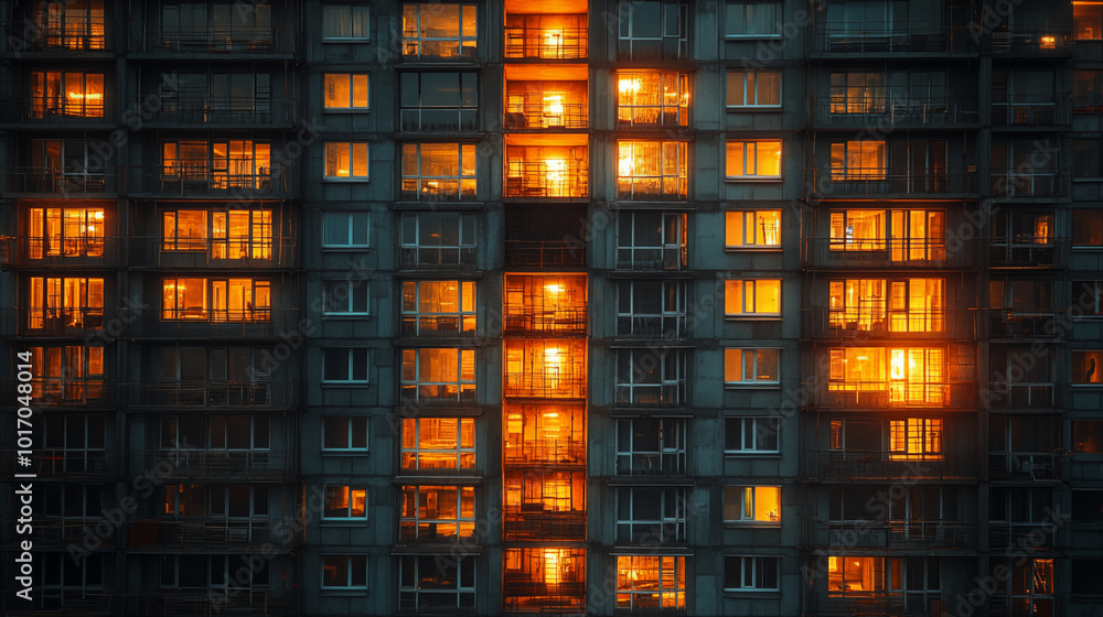 Urban apartment building at night with warm glowing windows, cityscape Urban apartment building at night with warm glowing windows, cityscape