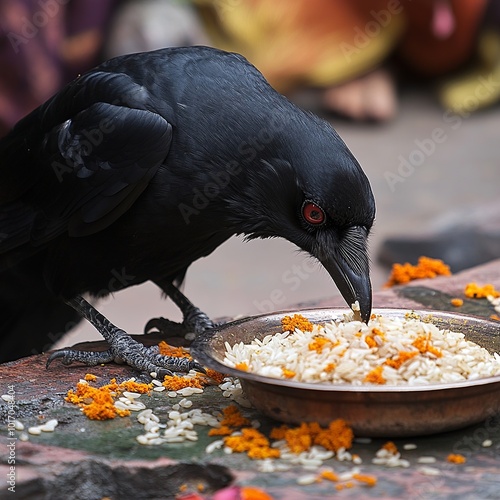 A solemn depiction of a crow engaging in the Pitru Paksha ritual, pecking at rice offerings, symbolizing the act of feeding ancestors during this sacred ceremony. photo