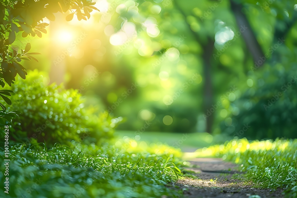 Serene Pathway Through Lush Greenery Illuminated by Soft Sunlight Serene Pathway Through Lush Greenery Illuminated by Soft Sunlight