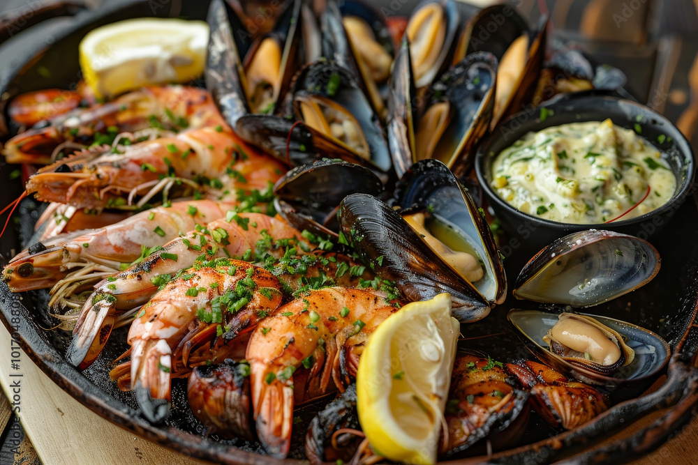 A plate of seafood with shrimp, mussels, and lemon wedges A plate of seafood with shrimp, mussels, and lemon wedges