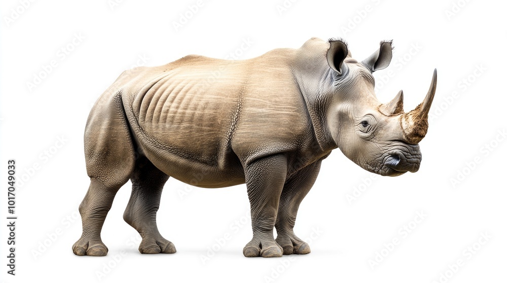 Fototapeta premium A powerful rhinoceros standing still, showcasing its rough skin and prominent horn on a white background.