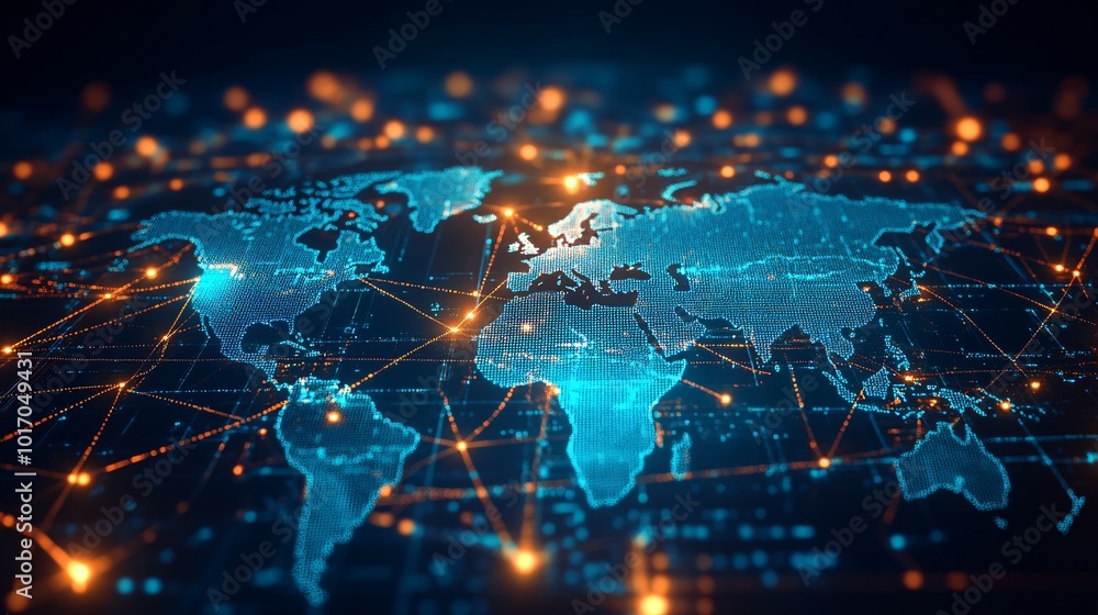 A Digital World Map with Connecting Lines and Glowing Points A Digital World Map with Connecting Lines and Glowing Points