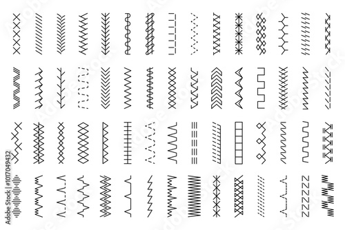 Embroidery stitches. Sewing machine lines different ornamental forms dividers and borders recent vector stiches templates set