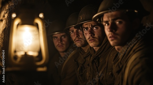 Four soldiers in a dimly lit trench, expressing tension and camaraderie during wartime.