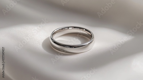 A simple but sophisticated platinum wedding band on a white background, highlighting its smooth and polished surface.