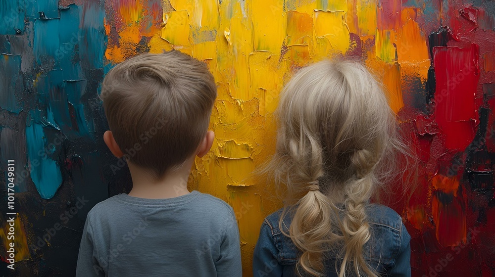 Group of Children Admiring a Painting Group of Children Admiring a Painting