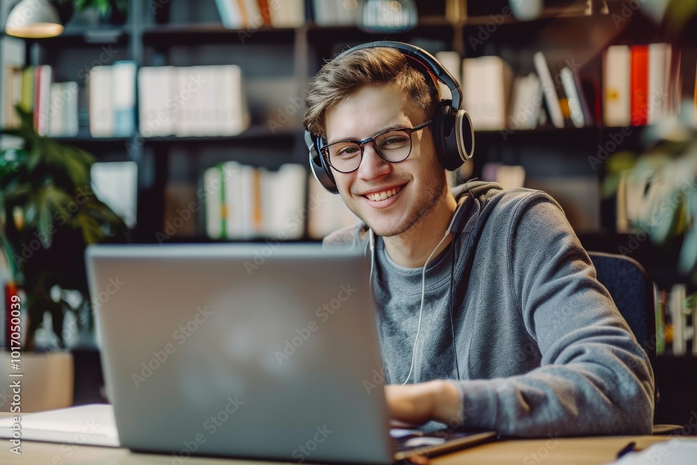 A cheerful young intern businessman is wearing headphones and intently utilizing a laptop a vibrant A cheerful young intern businessman is wearing headphones and intently utilizing a laptop a vibrant