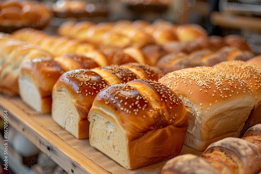 Freshly Baked Bread Loaves Displayed in a Bakery Freshly Baked Bread Loaves Displayed in a Bakery