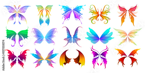 Fairy wings. Colored fantasy body parts of birds or butterfly creatures recent vector beautiful fairy wings
