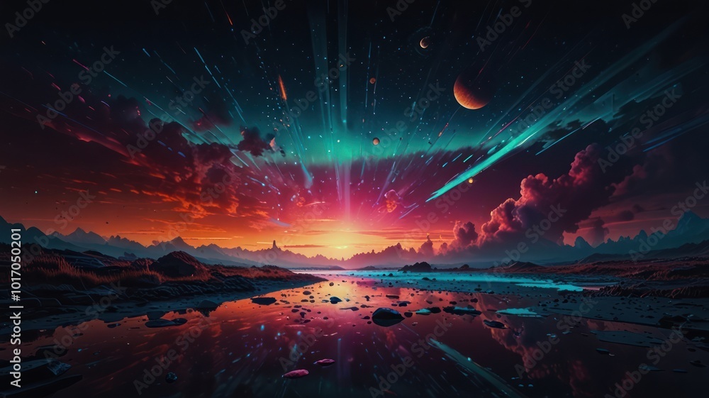 Fototapeta premium A vibrant, surreal landscape with a glowing sunset, shooting stars, and a mirrored reflection in a still body of water.