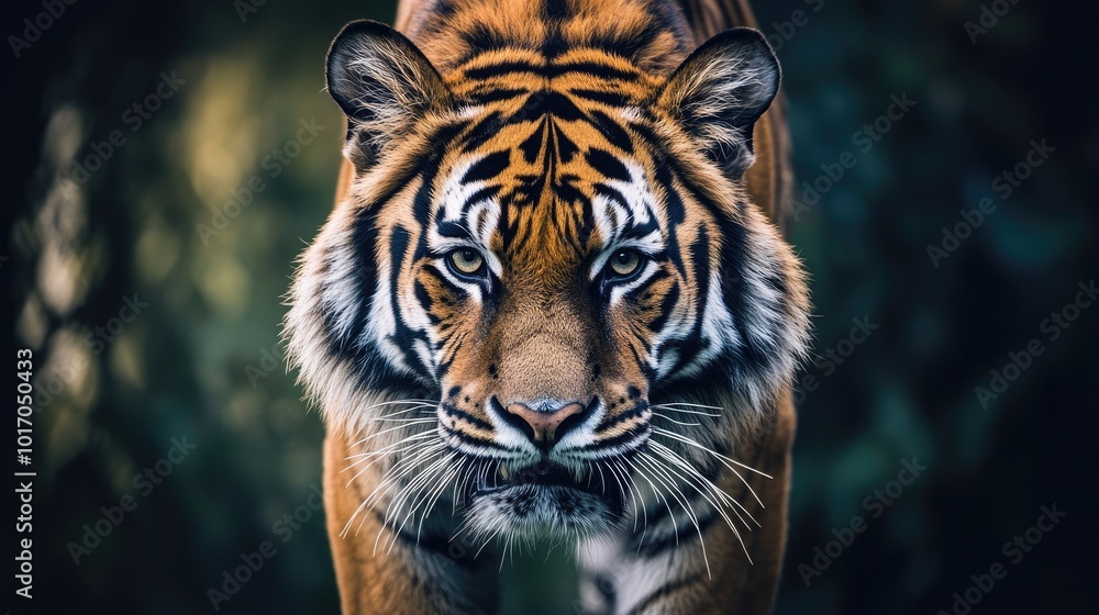 Fototapeta premium A tiger prowling forward, eyes focused, muscles rippling, against a minimalist white background.