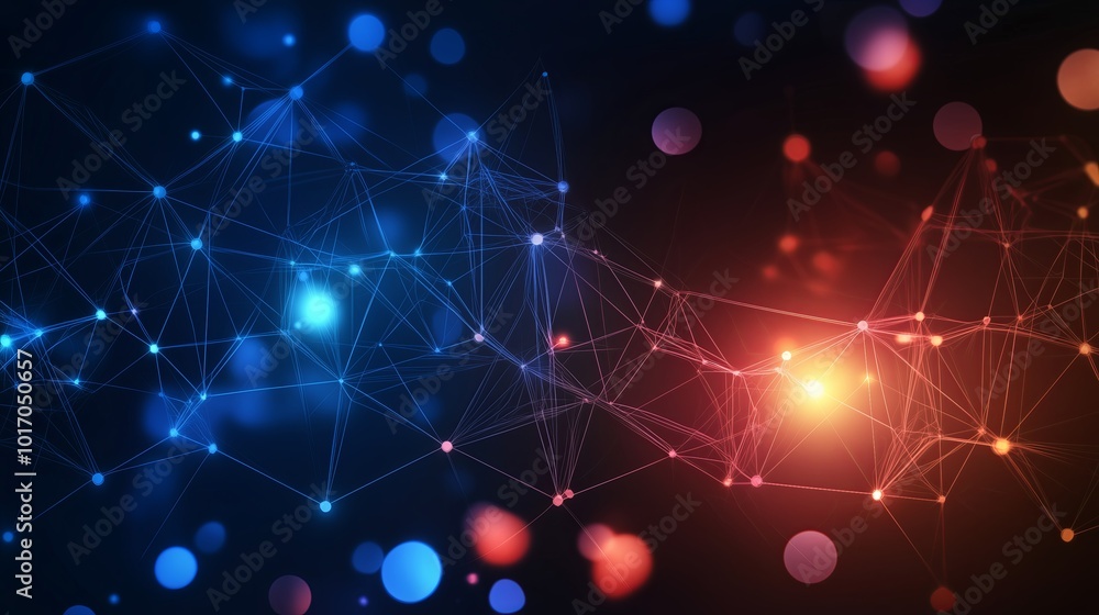Digital Network Visualization: Glowing Lines and Dots in Blue and Red. Digital Network Visualization: Glowing Lines and Dots in Blue and Red.