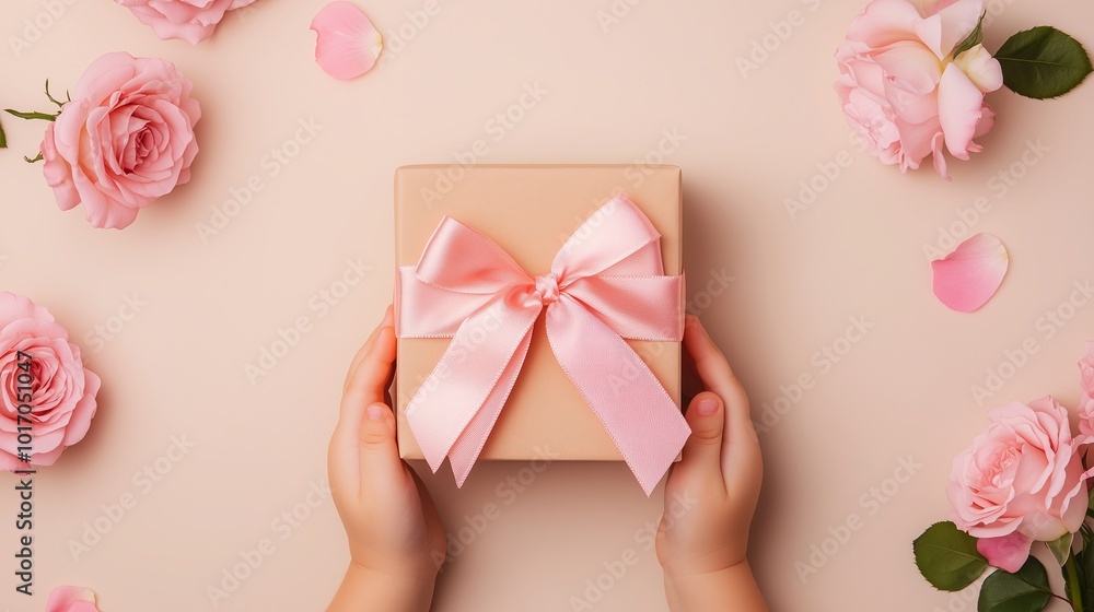 Childs hands holding a gift box with a satin bow, surrounded by pink roses, warm beige background, with ample copy space Childs hands holding a gift box with a satin bow, surrounded by pink roses, warm beige background, with ample copy space