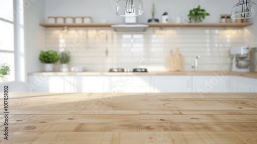 Blurred kitchen interior with an empty wooden table for product display presentation mockup background.