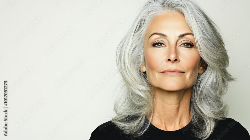 Fototapeta premium Portrait of a beautiful mature woman with silver hair. She is looking directly at the camera with a confident expression.