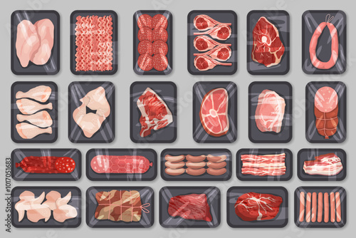 Meat packages. Butchery products production packages top view with frozen meat pork beef sausages recent vector pictures