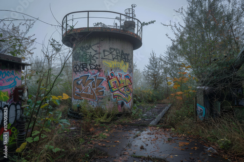 A large, old, rusted water tower is covered in graffiti