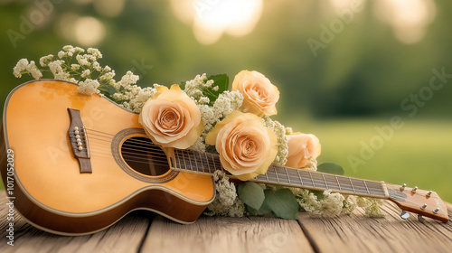 Acoustic guitar decorated with ivory roses, placed on rustic wooden table in green garden, romantic floral decor, peaceful outdoor setting, perfect for wedding or special occasions photo