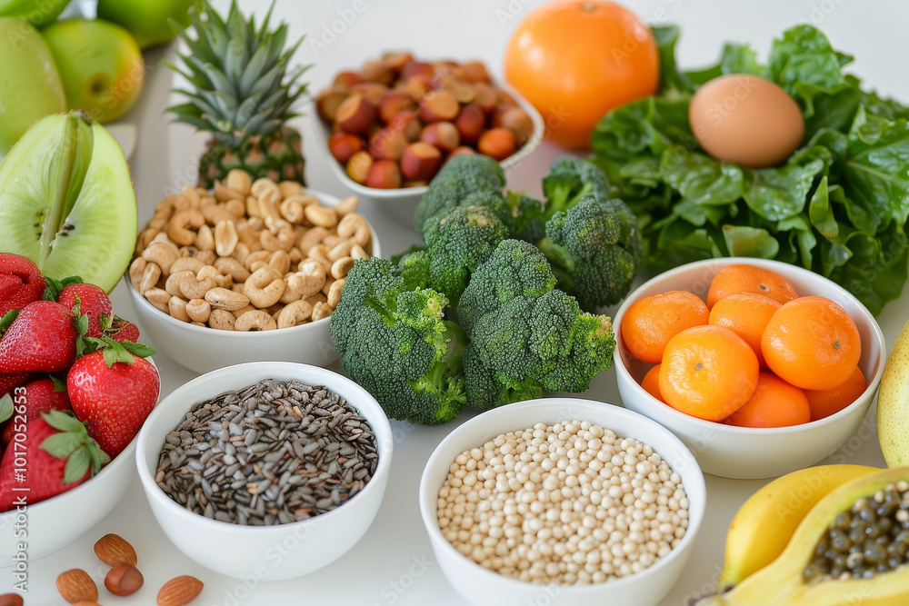 A variety of fruits and vegetables are displayed in bowls on a white table A variety of fruits and vegetables are displayed in bowls on a white table