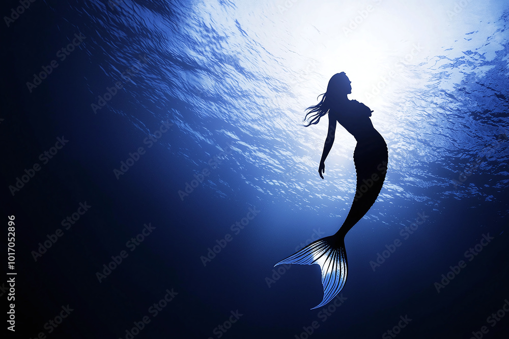 Naklejka premium a mermaid gliding effortlessly through the ocean, her tail shimmering in the soft light of the setting sun, ethereal underwater world